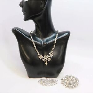 VTG B David & Ora Silvertone Icy Rhinestones Necklace & Dome & Leaves Brooches